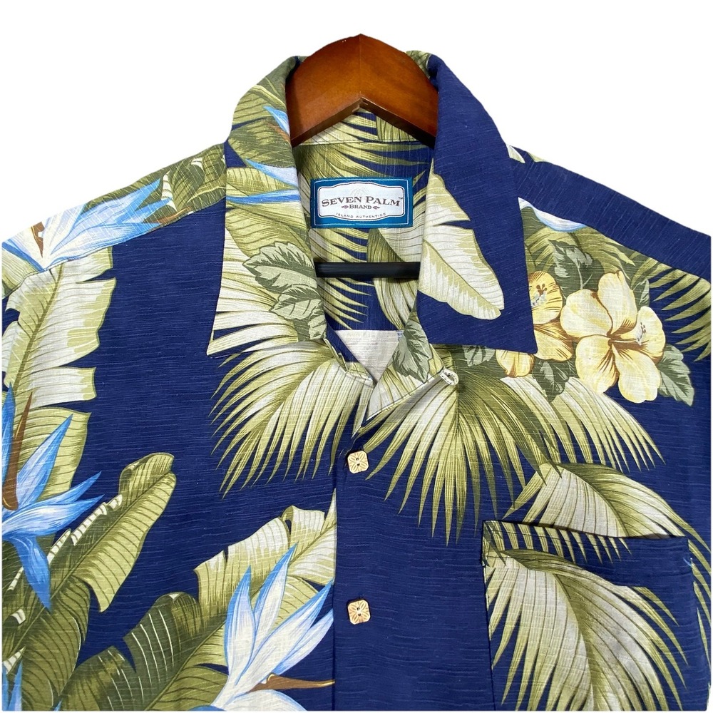 Seven Palm Shirt Mens 2XL Blue Hawaiian Relaxed Beach Silk Button Up Resort Loop